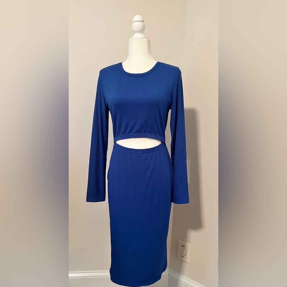Women's Long Sleeve Cut Out Waist Bodycon Midi Pencil Dress, Royal Blue, XL, NWT